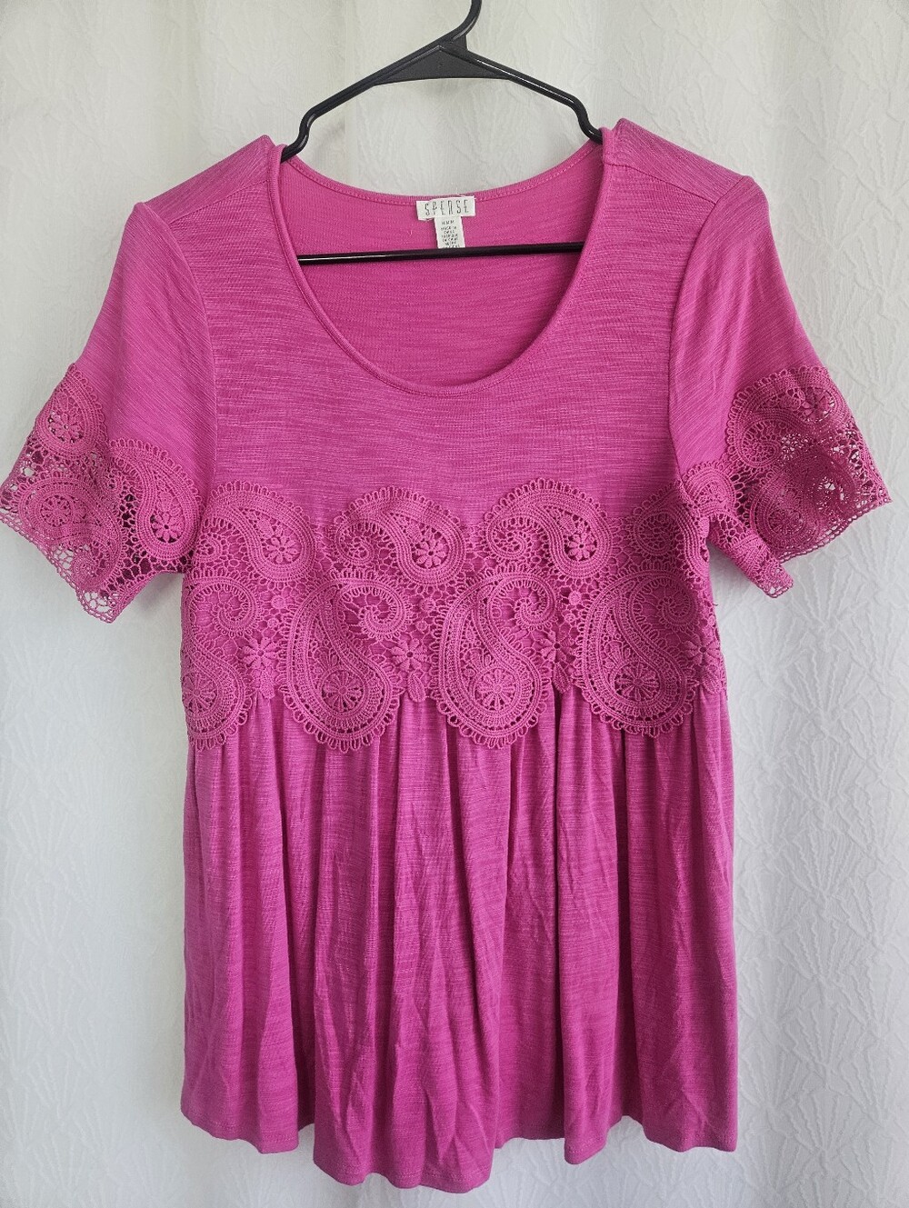 Spense Pink Baby Doll Blouse Crochet Lace Trim Boho Romantic Medium
